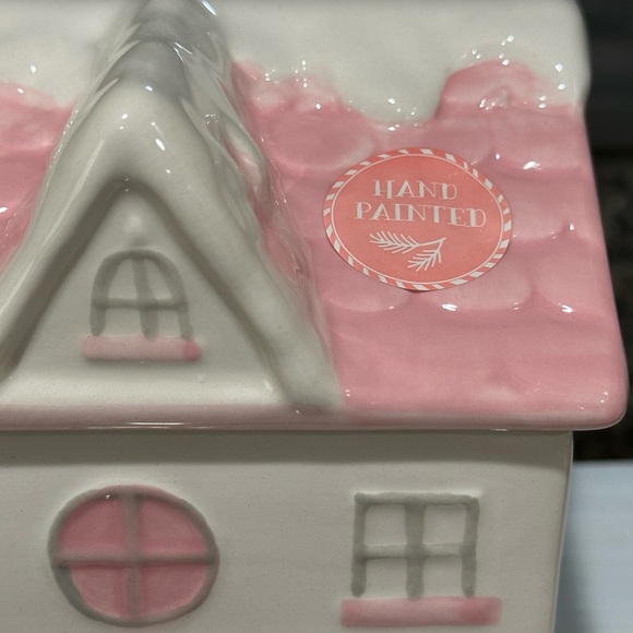 New Ceramic Peppermint & Pine Pink Christmas House Cookie Jar Canister Gift - Picture 6 of 8